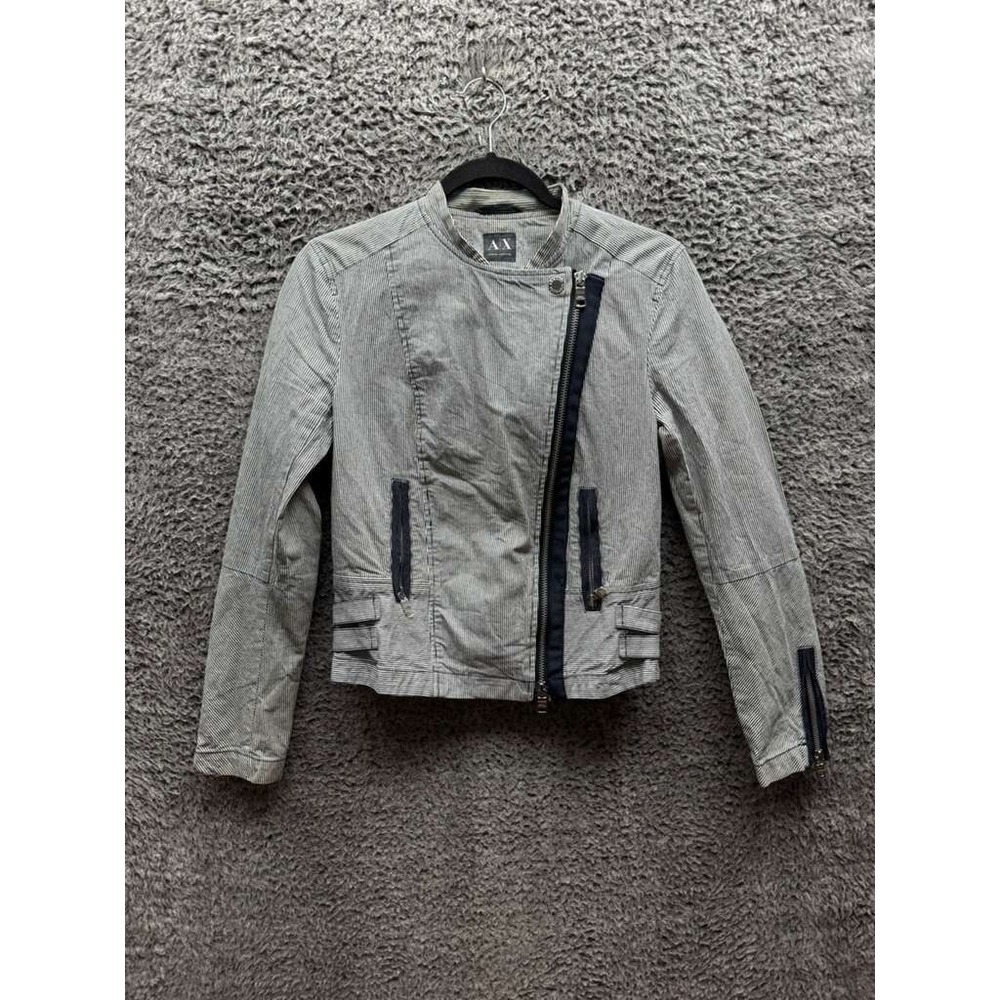 Armani Exchange Cotton Blend Striped Long Sleeve Biker Jacket White Women Size S